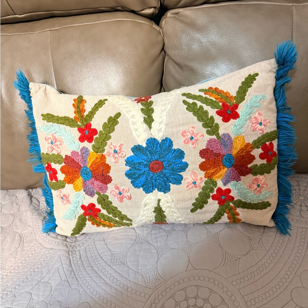 Embroidered Floral Cushion Cover: Handcrafted Decorative Pillow, 16"X16"